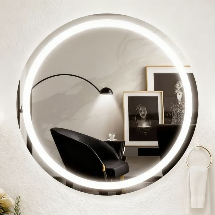 Espelho Redondo Jateado com Led e botão Touch para Maquiagem Penteadeira Banheiro Lavabo