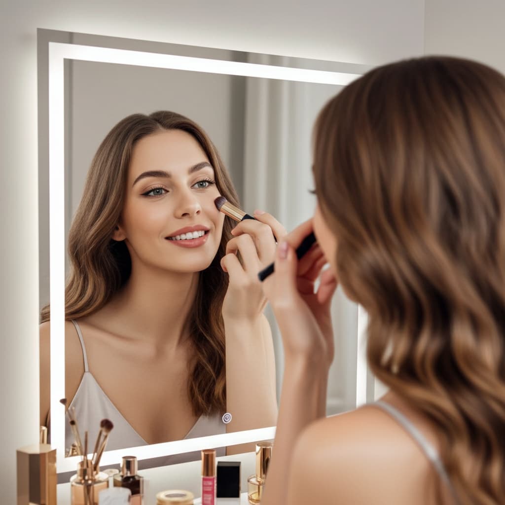 Espelho LED 50x50 cm com 3 Cores de Luz e Touch – Modelo Quadrado Jateado Moderno