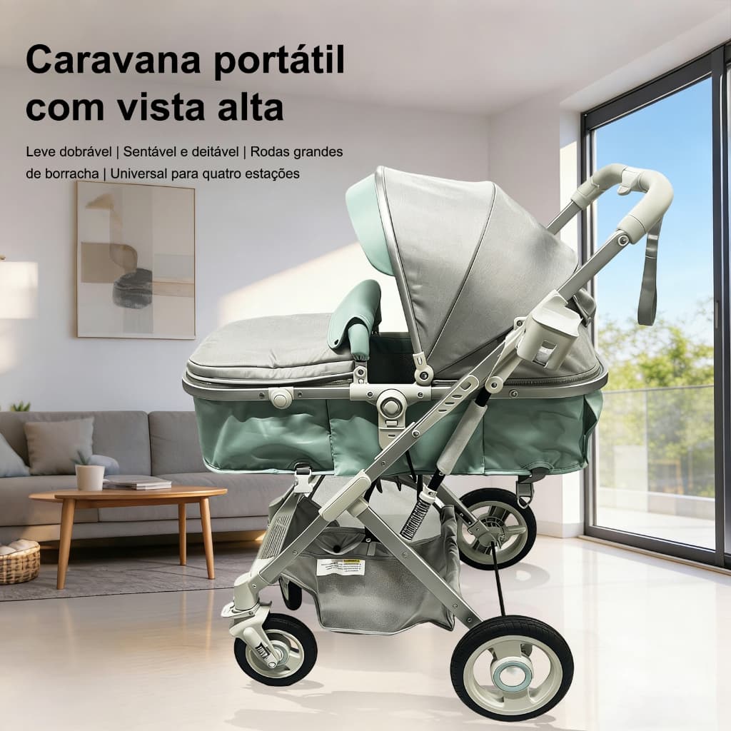 Carrinho de Bebê Luxo com Moisés Reversível, Dobrável, Bandeja de Alimentação, Estrutura Reforçada e Encosto Reclinável