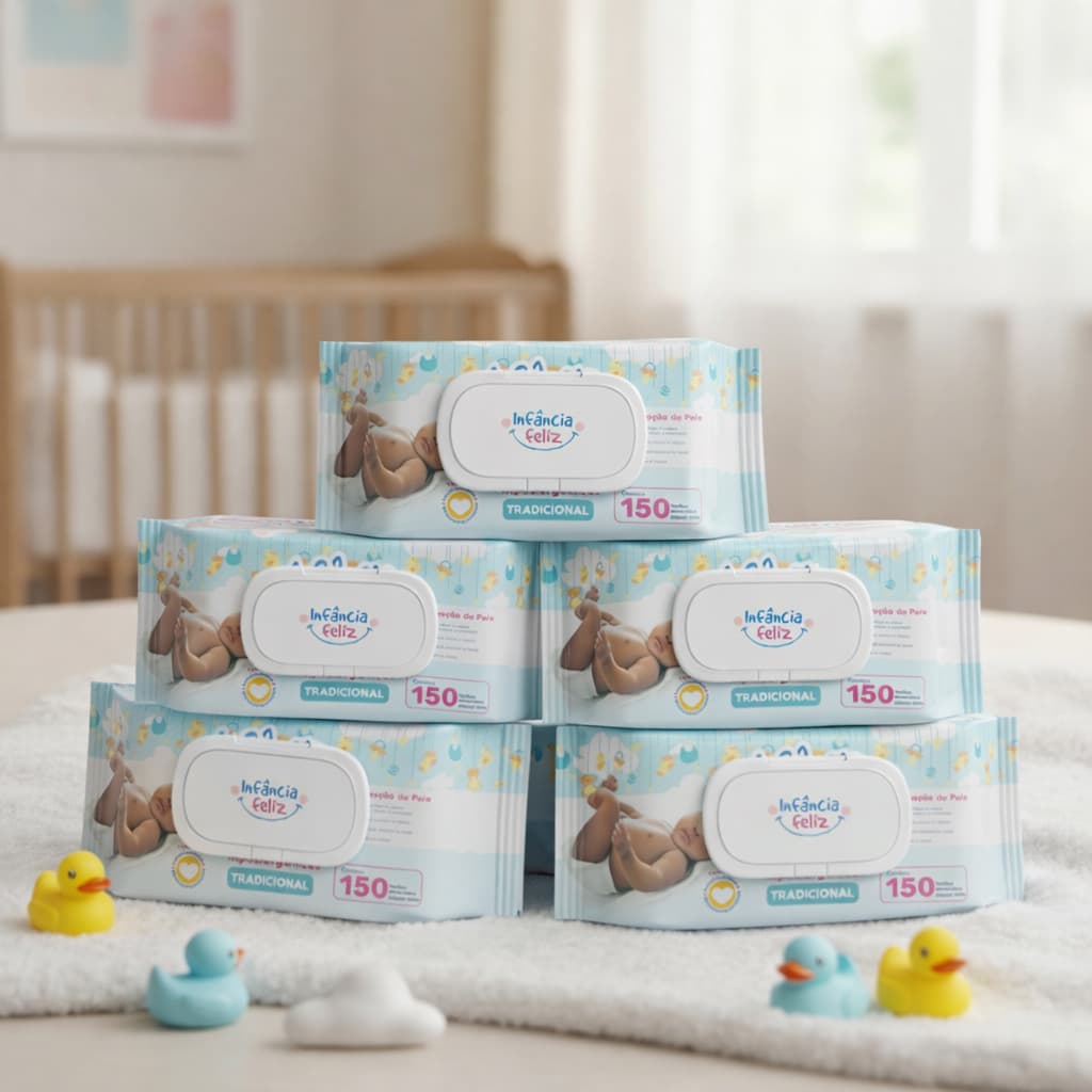 Kit 05 Pacotes Toalhas Umedecidas INFÂNCIA FELIZ 150 Folhas - Vegano - com tampa flip top