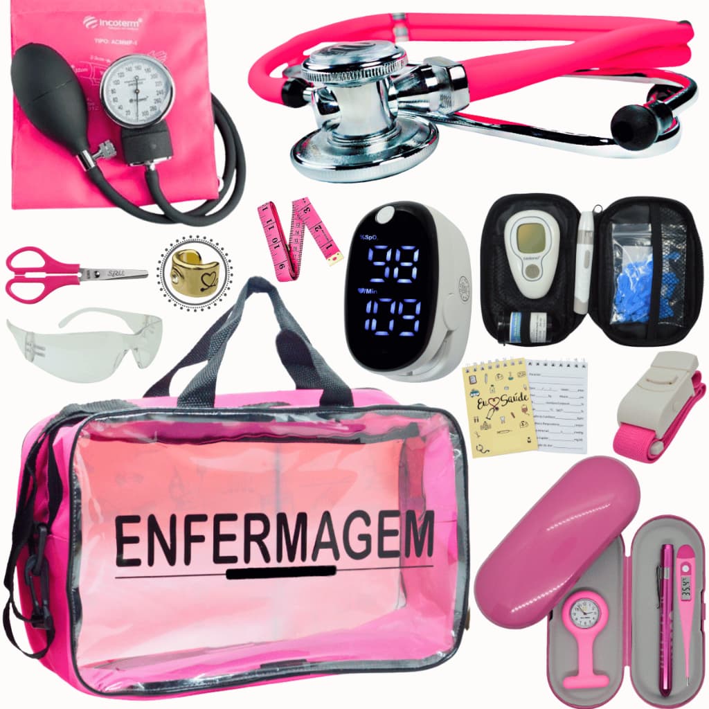 Kit Enfermagem Completo Bolsa Top Promocao Cores Aparelho de Pressao Estetoscopio Lanterna Relogio