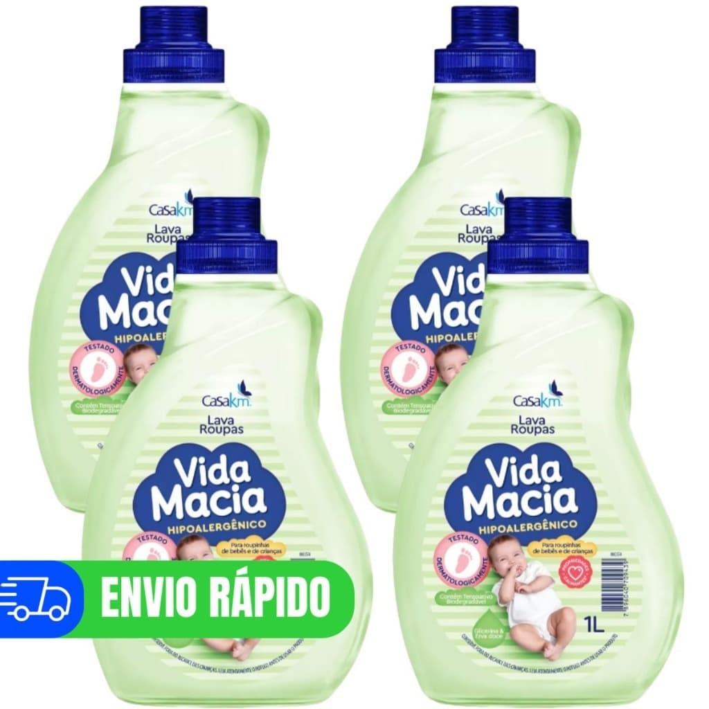 Kit 4 Lava Roupas Bebê Vida Macia 1L Sabão Liquido Erva-Doce