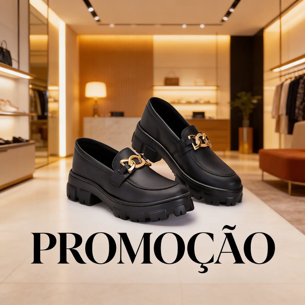 Mocassim Feminino Tratorado Preto com Corrente Dourada Salto Médio Confortável Moda Casual