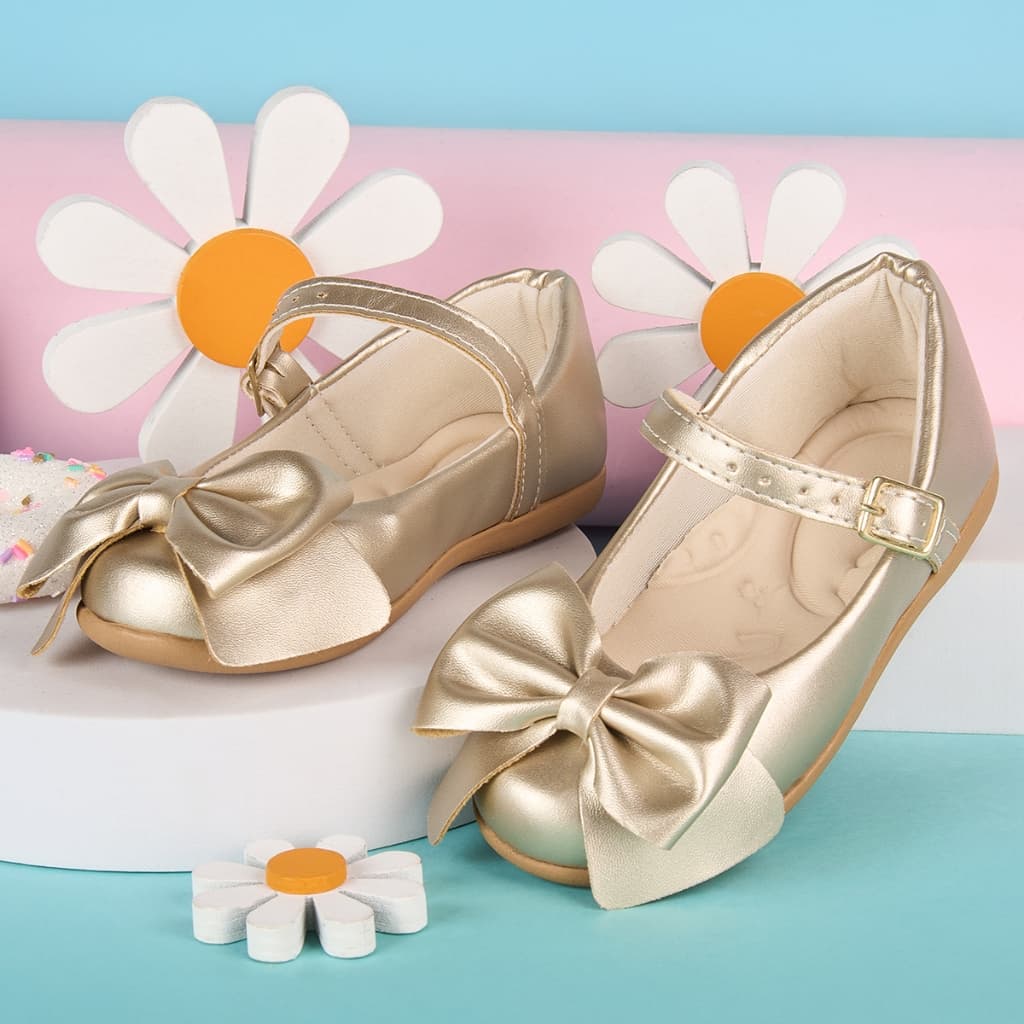 Sapatilha Infantil Menina Sapatinho Social Boneca Fivela Dourada Laço Liso Leve Macio Confortável