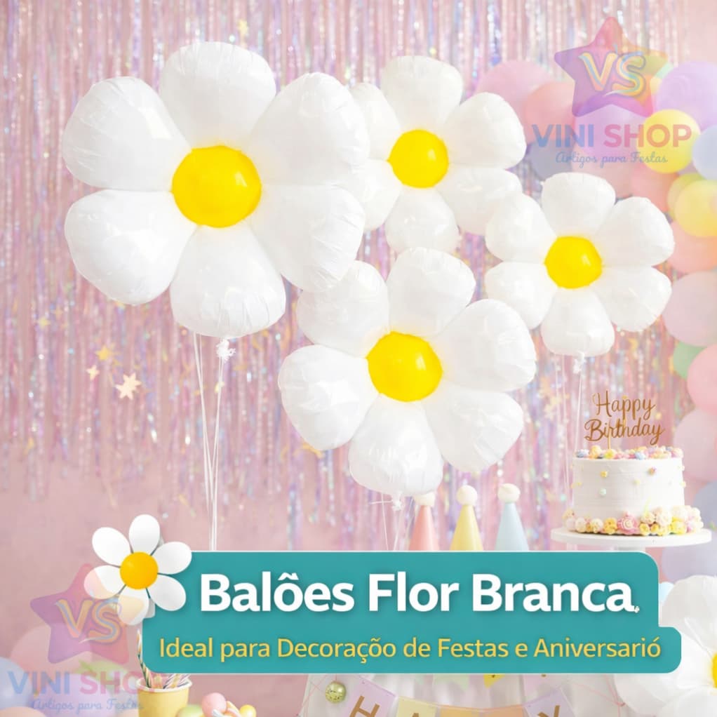Balão Flor Margarida Branca – 15, 20 ou 32 Polegadas | Decoração Festa Verão