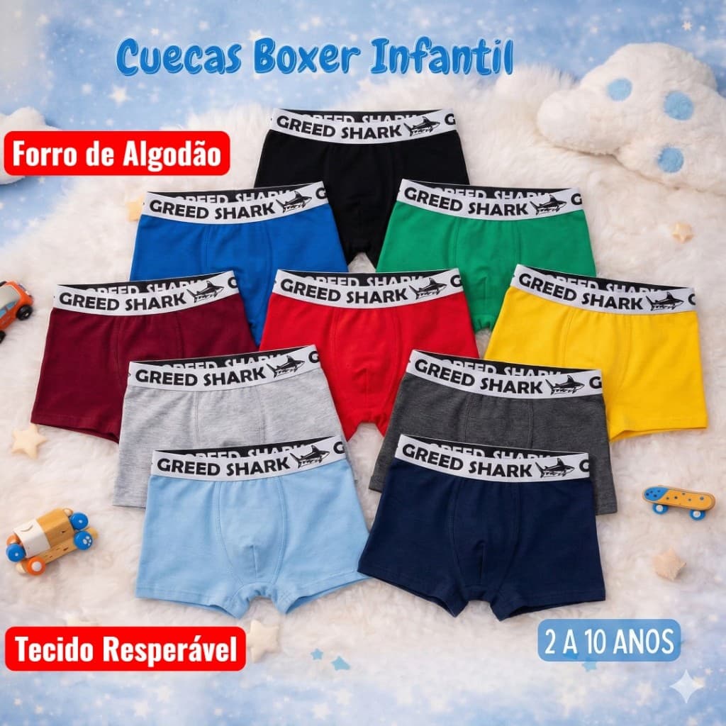 Kit com Cuecas Infantil Boxer Box Menino com Forro de Algodão Criança Microfibras Premium