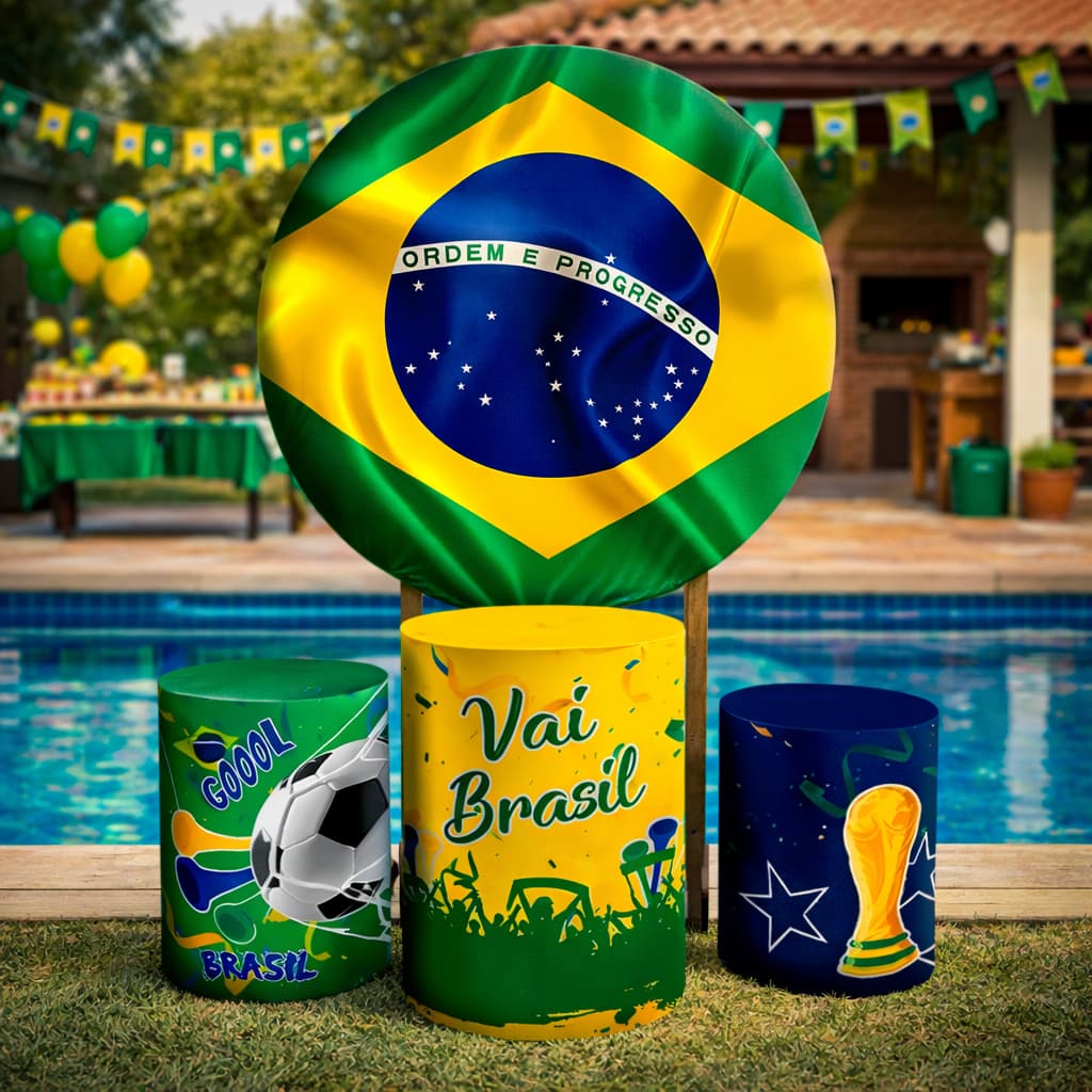 Painel de Festa Copa do Mundo Brasil  + Capa Trio Cilindros Futebol Copa do Mundo 2026 Promoção Hexa