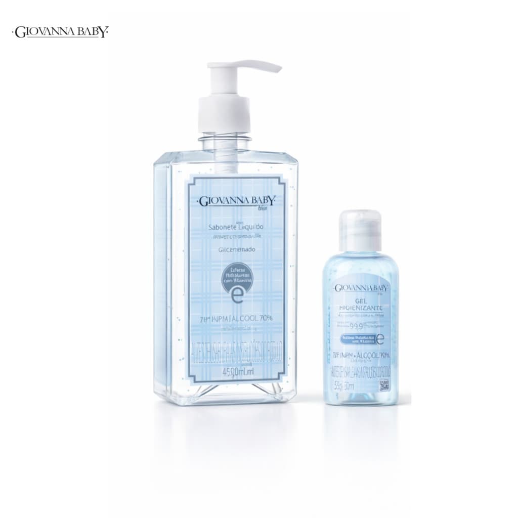 Álcool em Gel Giovanna Baby Azul 70º | Kit 500 ml + 60 ml | Higienização Suave