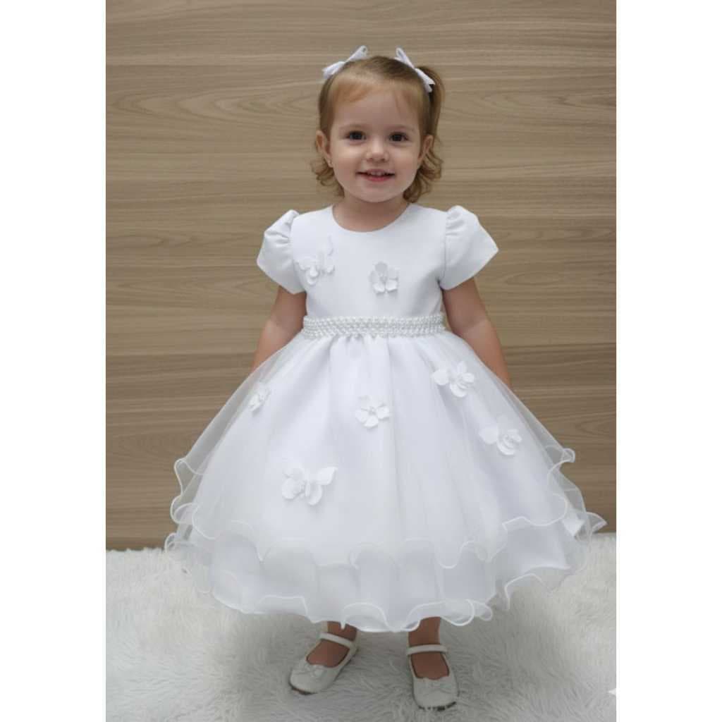 Vestido infantil batizado festa daminha  aniversario saia tule manga princesa