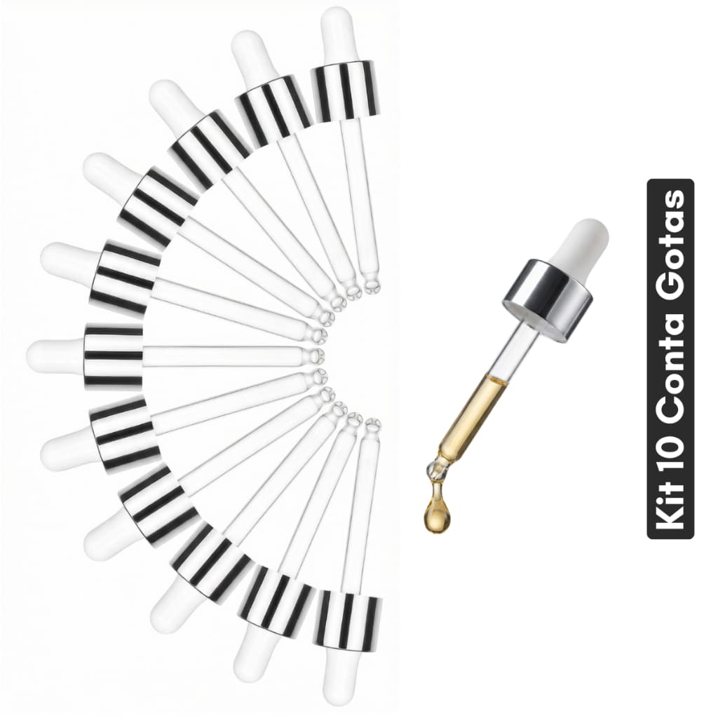 Kit 10 Conta Gotas R20/410 p/ Frasco 30ml Tampa Prata Bulbo Silicone Branco Cânula 74mm (Sem Frasco)