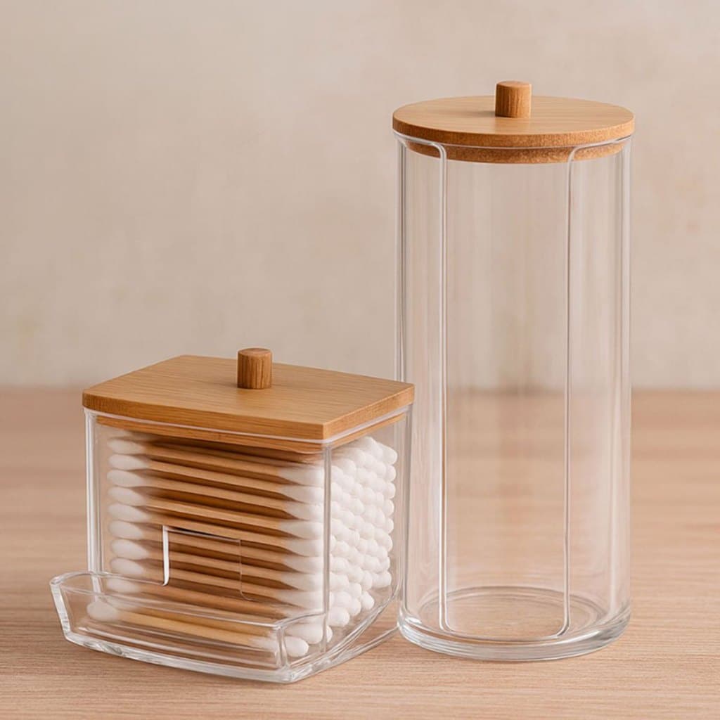 Organizador Algodão E Cotonetes Acrílico Tampa Bambu Kit