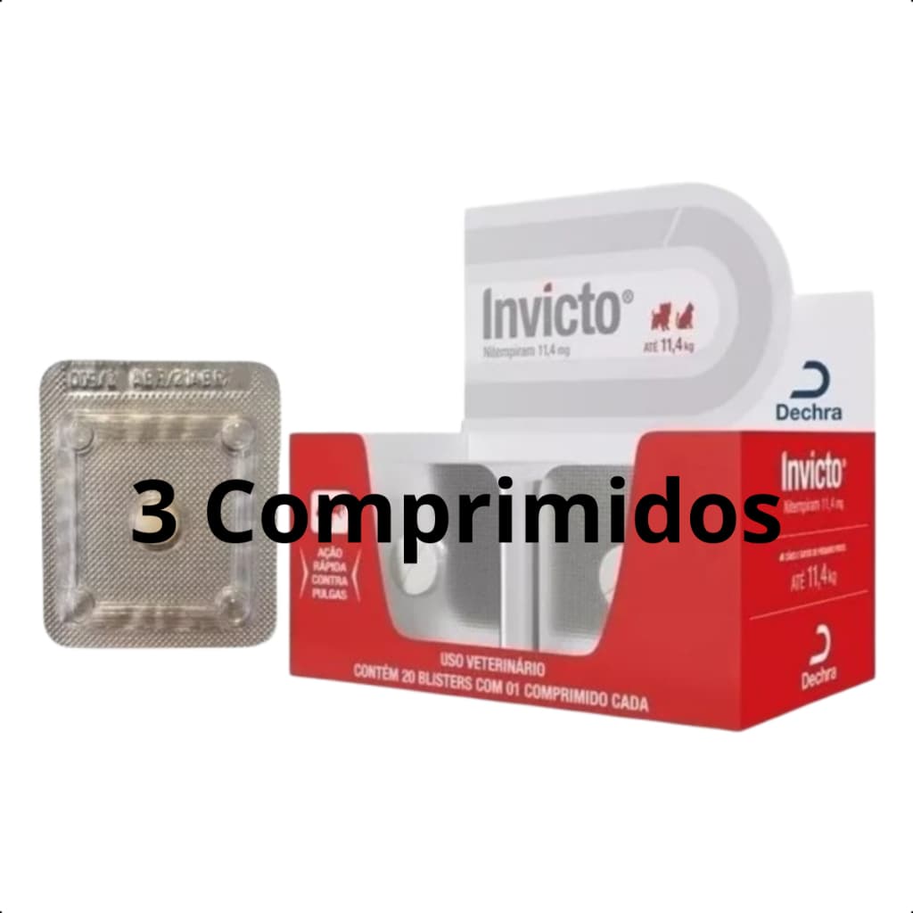 Antipulgas Ação Rápida Invicto Até 11Kg Para Cães e Gatos Pet 3 Comprimidos 11,4mg