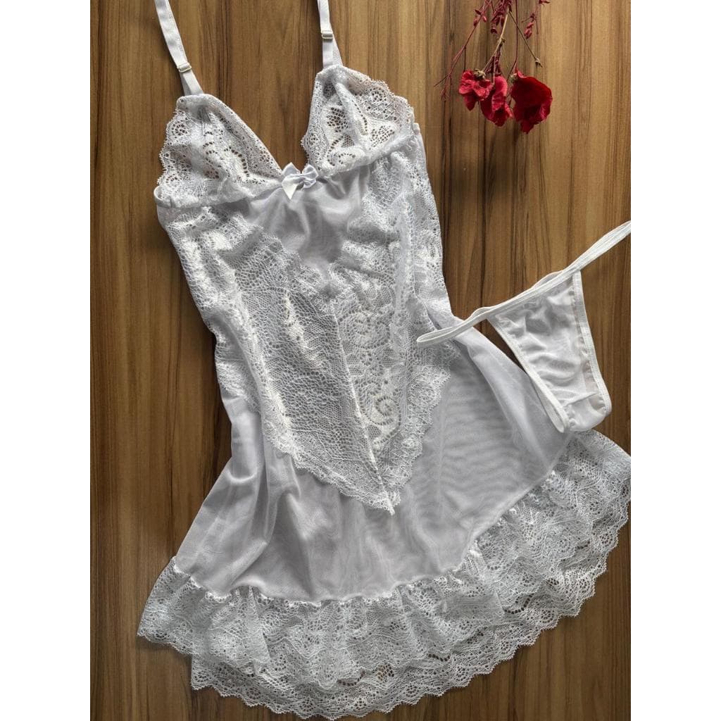 Camisola Tule Acompanha Calcinha Transparente Com Detalhe Renda