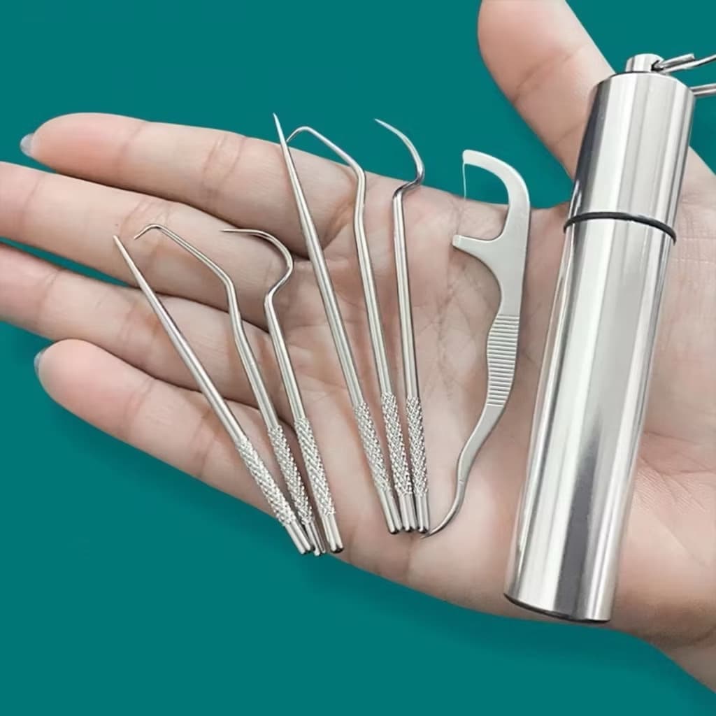 Palitos De Dentes Kit com 7 De Aço Inoxidável Reutilizáveis Portáteis Limpeza Oral
