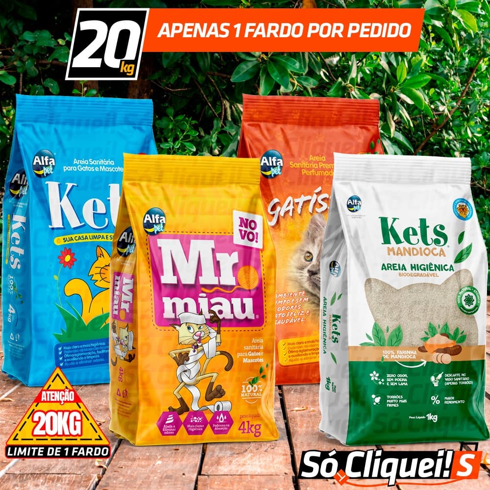 Kit 5 Fardo de 20KG Areia Higiênica Granulado Sanitário Gato Com Alta Absorção Perfumado Extra Fina Forma Torrões Kets