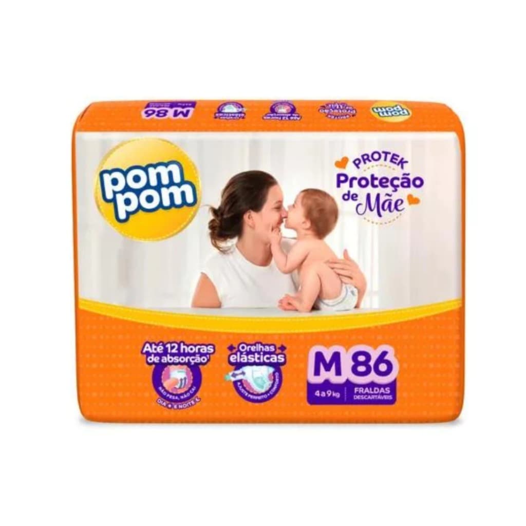 Fralda PomPom Derma Protek Hiper | Tamanho M | 86 Unidades | 4 a 9kg | Alta Absorção Até 12h