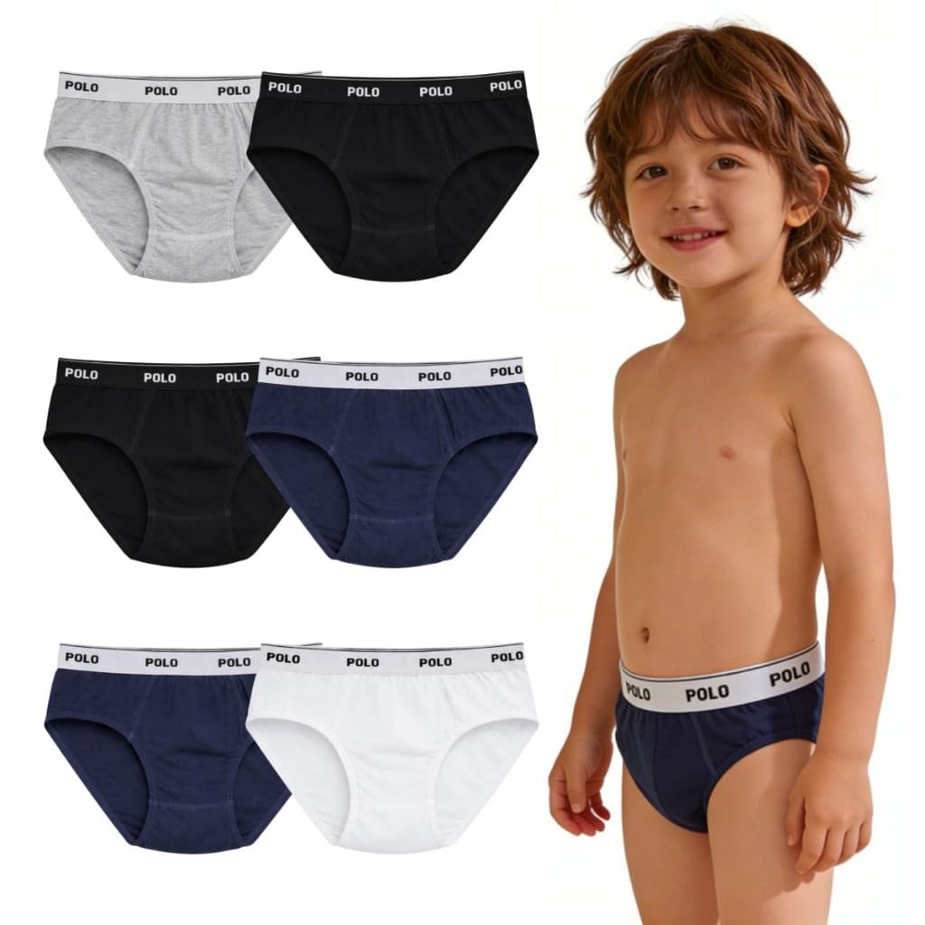Kit 6 Cuecas Slip Polo Cotton Kids Infantil 100% Algodão Forro Duplo Confortável