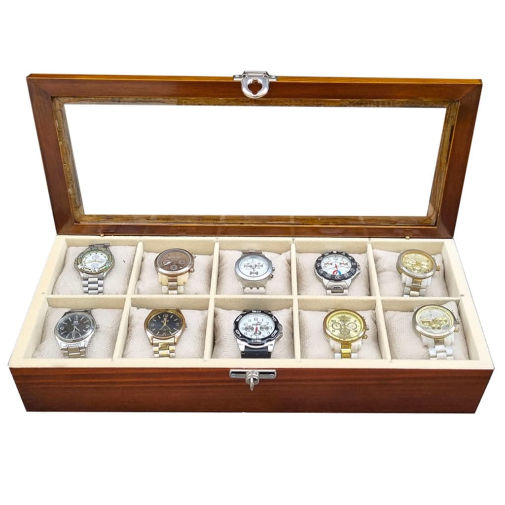 CAIXA/ESTOJO PARA 10 RELÓGIOS- IMBUIA FLOCADO DE BEGE