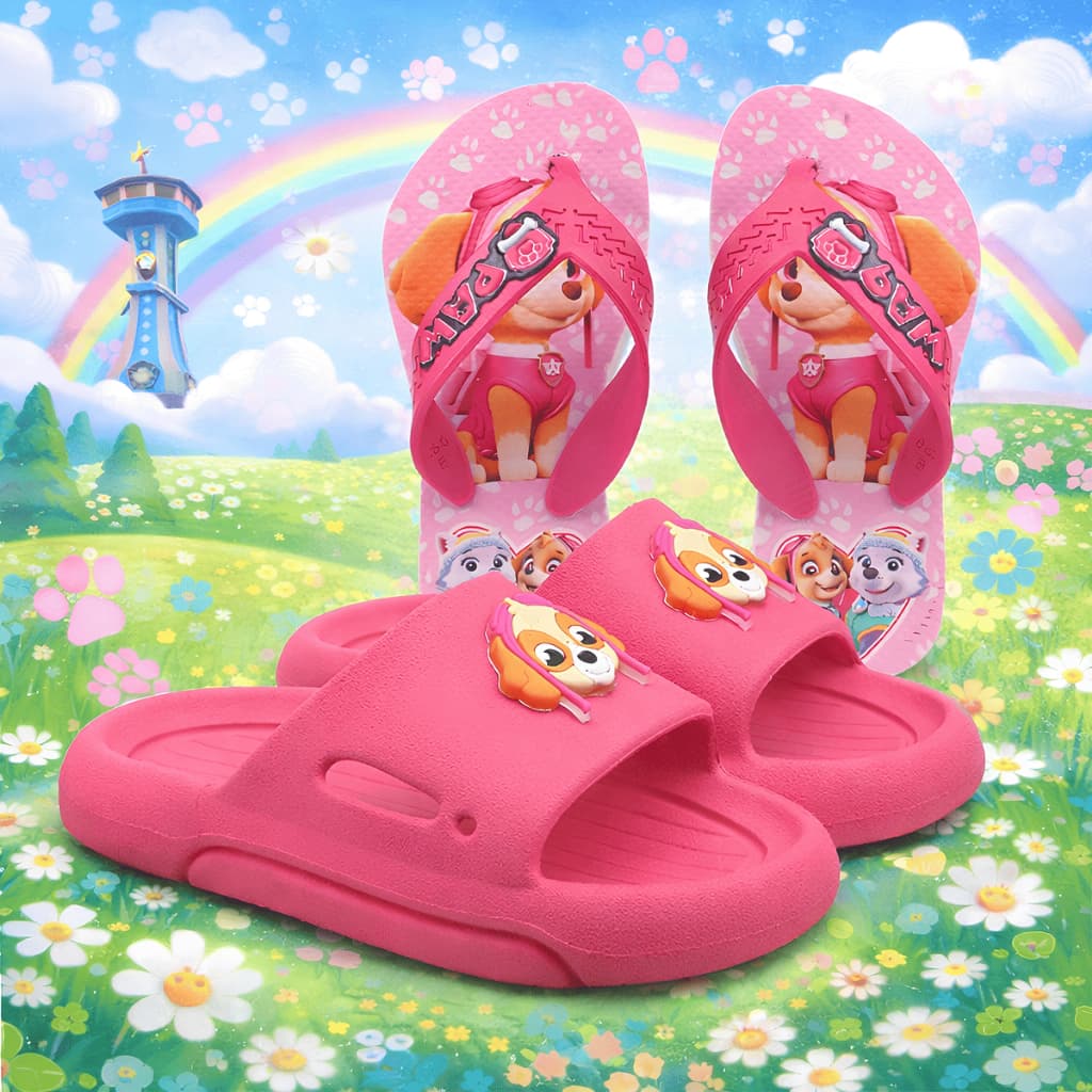 Kit Sandália Slide + Chinelo Infantil Menina Confortável Patrulha Rosa Marca Nexa
