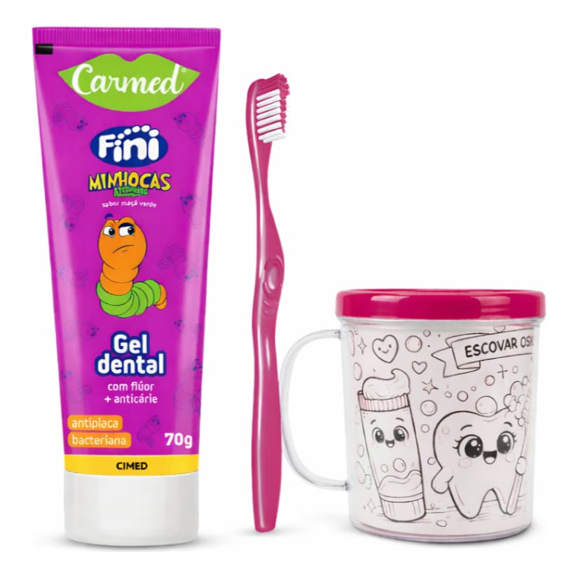 Kit gel Dental Infantil Carmed Fini Minhocas Maçã Verde 70g Gel Dental com Flúor + Escova + Copo Infantil P/Personalizar