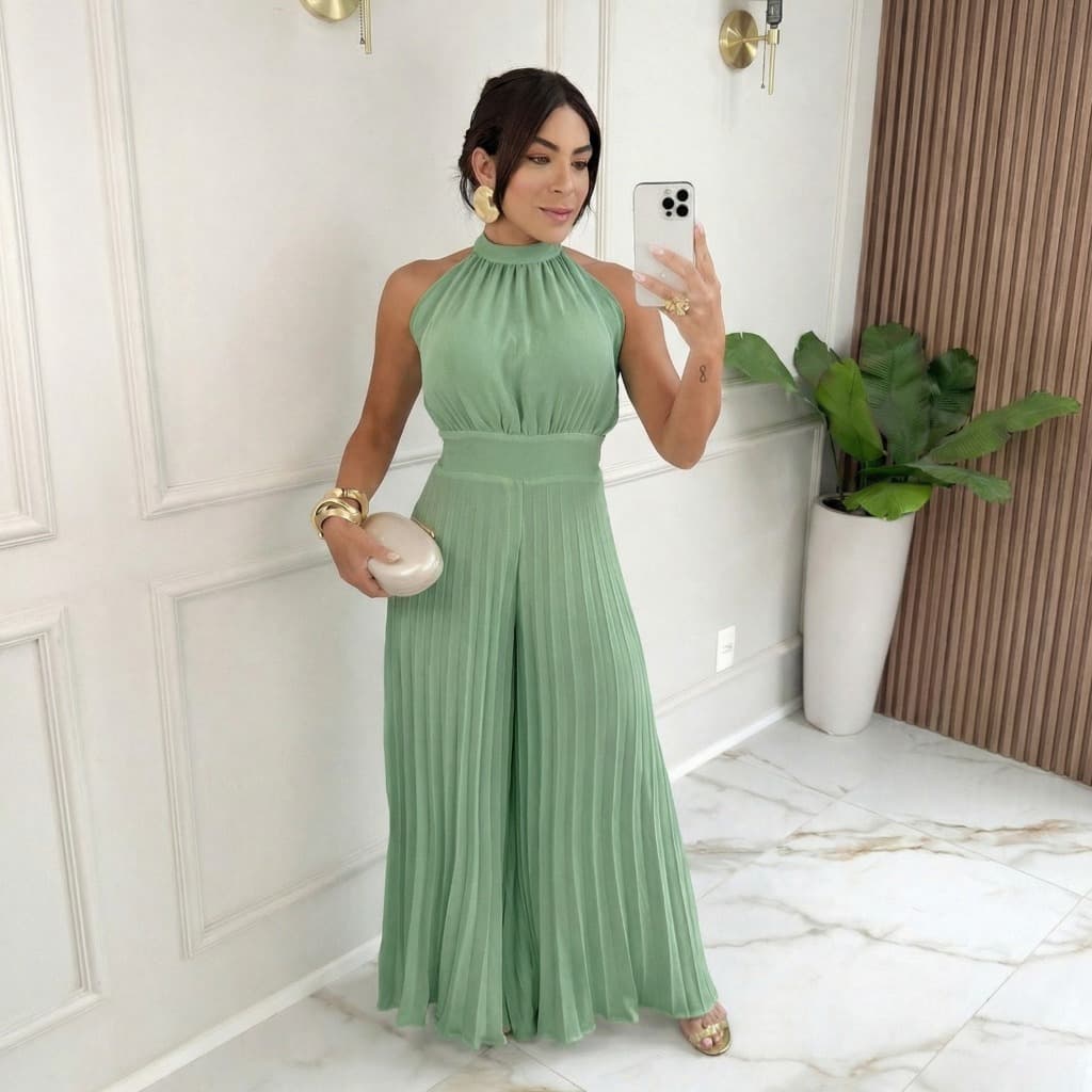 Macacão Longo Feminino Duna Premium  Plissado Gola Halter Moda Moderna Elegante