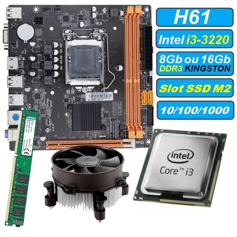 Kit UPGrade i3-3220 Memória 8GB ou 16GB DDR3 Placa Mãe H61 Slot SSD M2 gamer lga 1155 atx