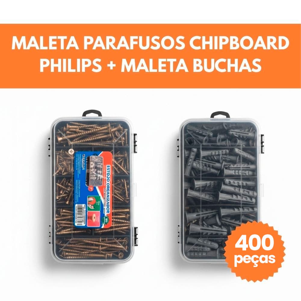 Kit 400 Peças Parafusos e Buchas com Organizador Multiuso Maleta Marcenaria Chipboard Phillips