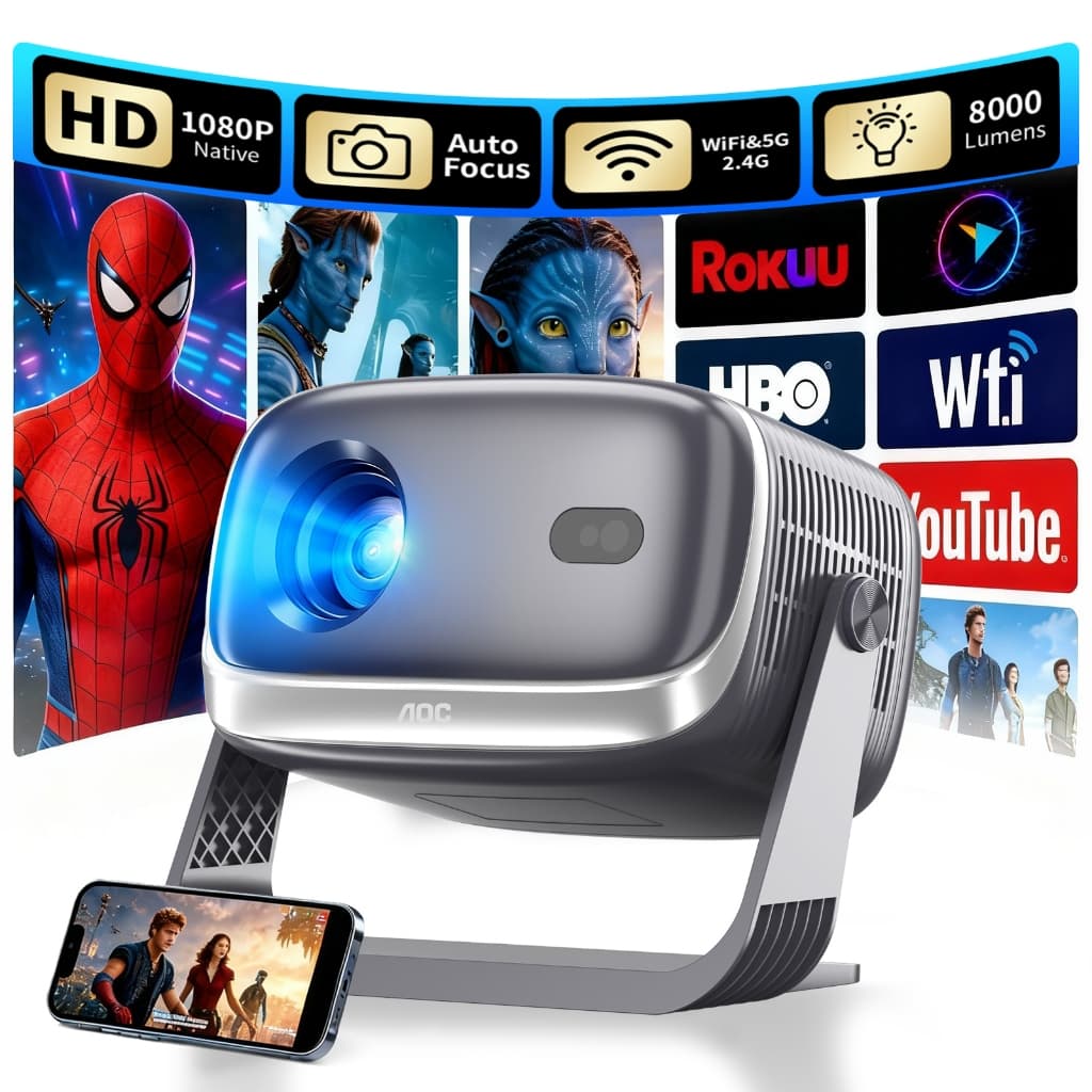 Projetor AOC  Suporte a HD 4K,   WiFi 6 e BT 5.0, 10000 Lúmens,  Compatível com Smartphone/Notebook/PC, Home Theater