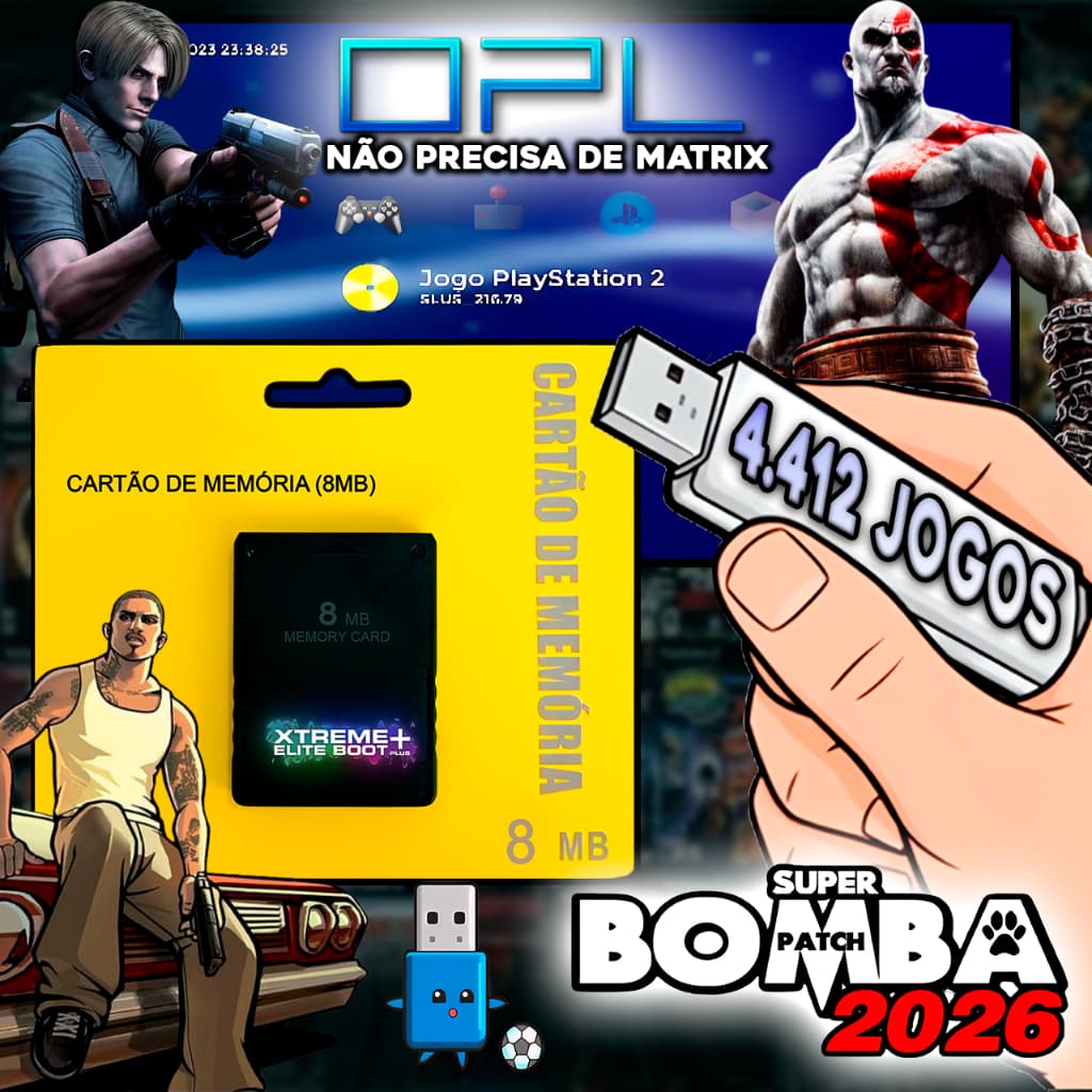 Kit Opl, Memory Card e Pen Drive 64GB + 4412 Jogos | Ps2 Fat e Slim | Funciona sem Matrix