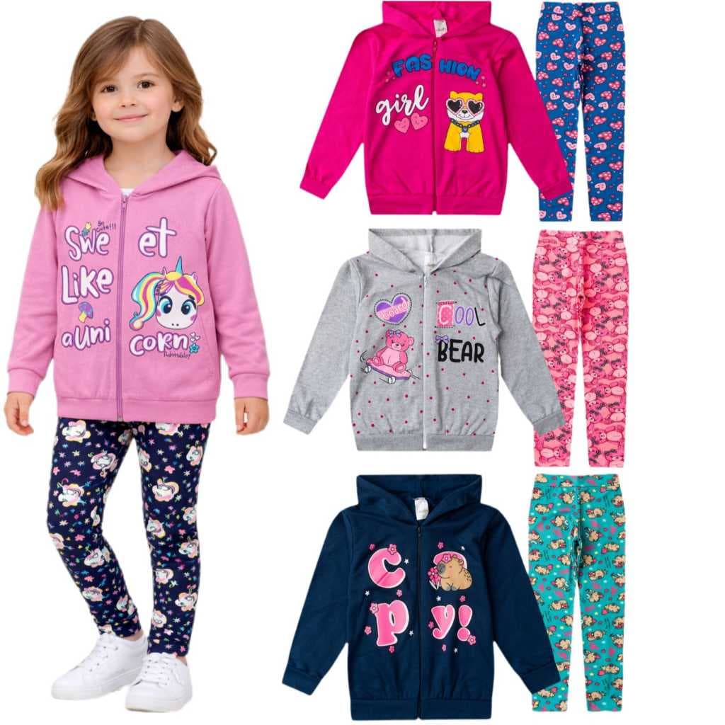 Conjunto Moletom Infantil Feminino Roupa Menina Inverno 2 Peças - 1 Jaqueta e 1 Legging Suplex