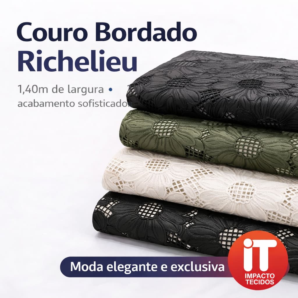 Tecido Couro Bordado Richelieu 1m x 1,40m – Para Vestidos, Saias e Moda Premium