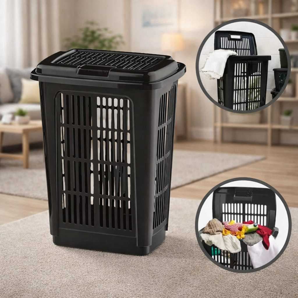 Cesto Telado 30 Litros Para Roupas Sujas Com Tampa E Alças Super Resistente Moderno Com Furos Evita Mofo Lavandeira