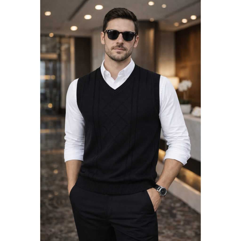 Colete Masculino de Tricot Alto Relevo LInks Gola V Social Elegante Casual Premium Confortável
