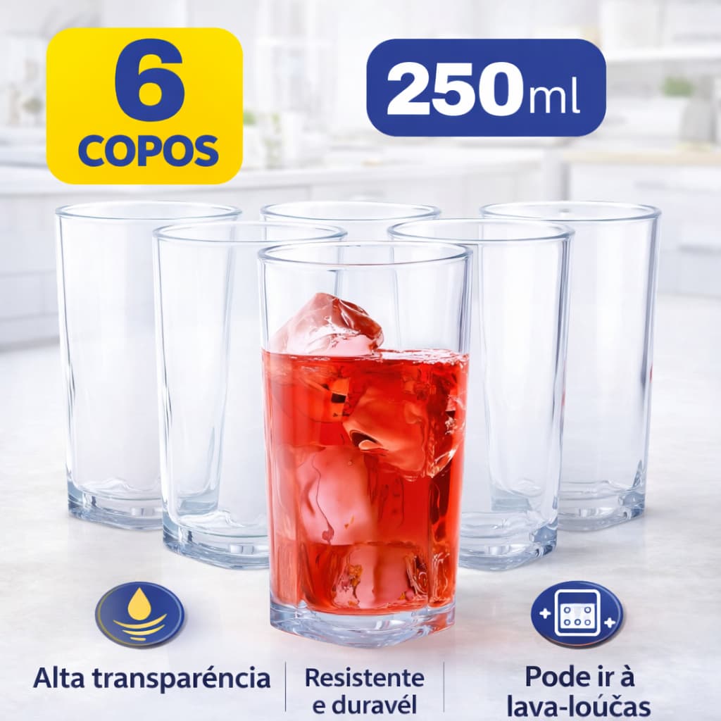 Jogo De 6 Copos Altos De Vidro 250ml Quadrado Dolce Home