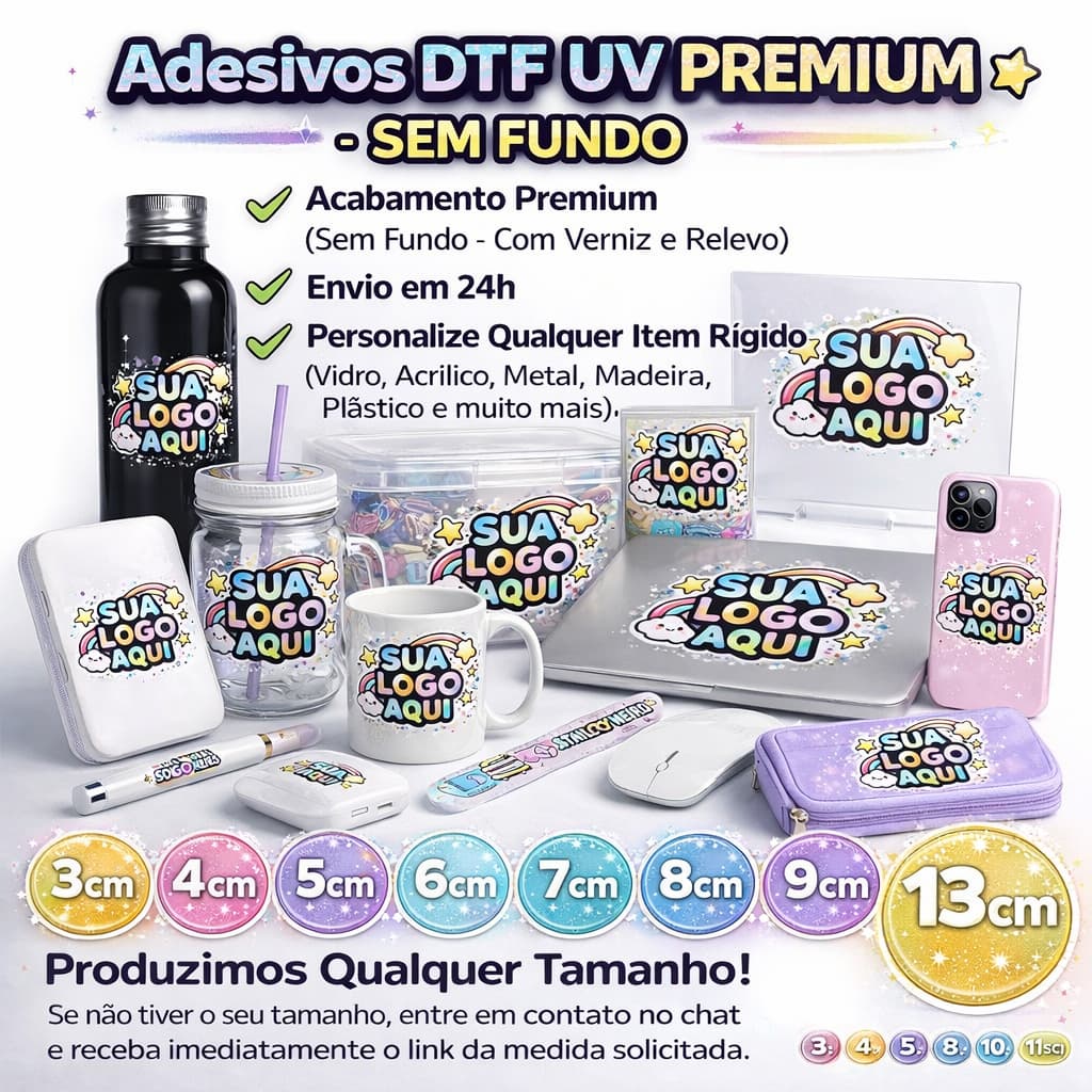 Adesivo Logo DTF UV Sem Fundo | Etiqueta Premium | Verniz Alto Brilho e Relevo | Envio Rápido 24h