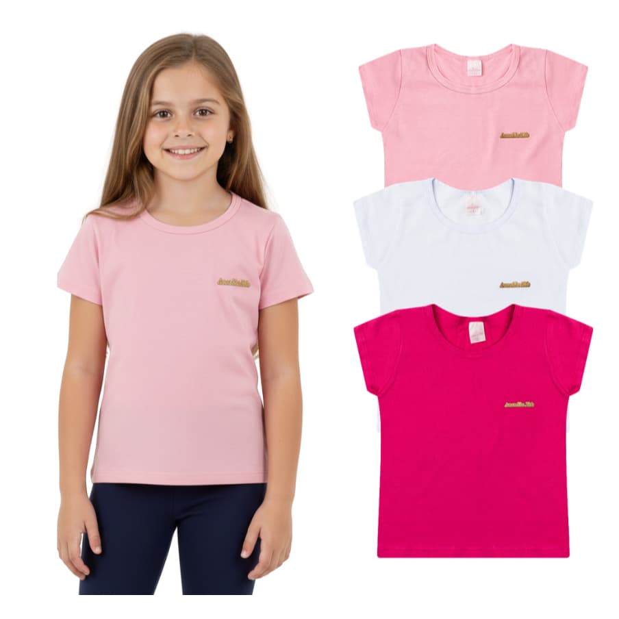 Kit 3 Blusa Manga Curta Infantil Menina 100% Algodão Lisa Básica L34
