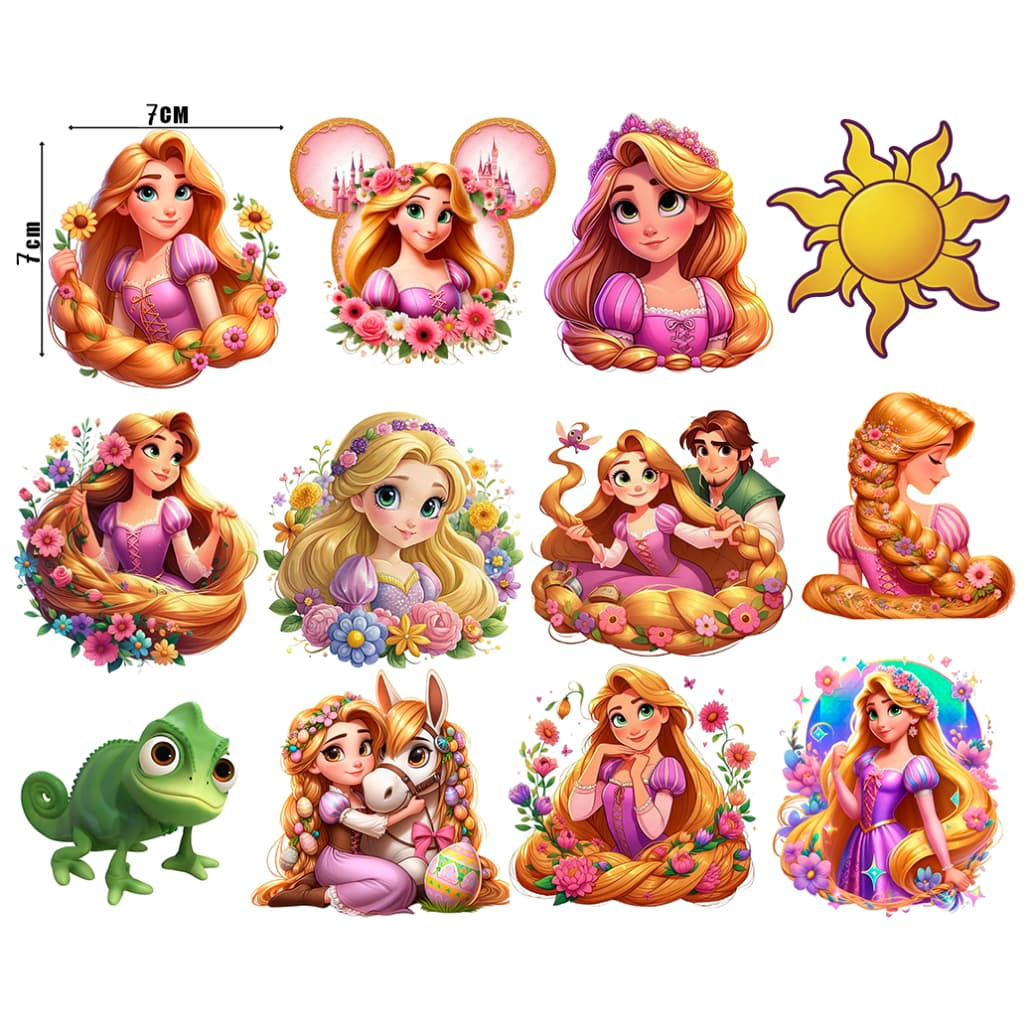 Kit DTF 12 Apliques Princesas Disney 7cm Termocolante Para Roupas Transfer Textil Aplicar em Qualquer Tecido Ariel, Bela