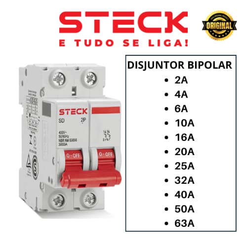 Disjuntor STECK Bipolar Bifasico 2A | 4A| 6A |10A | 16A | 20A | 25A | 32A | 40A | 50A | 63A STECK