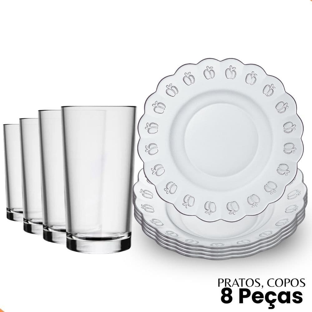 Jogo De Pratos Fundos E Copos C/8 Peças Aparelho De Jantar Em Vidro