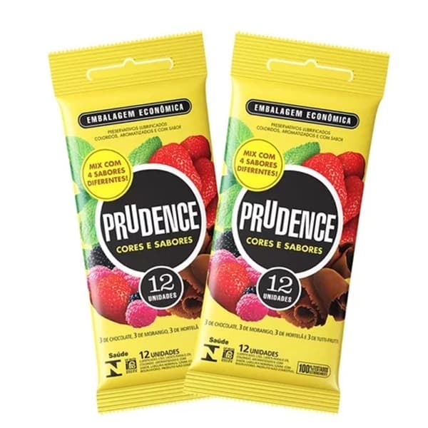 Preservativo Mix Prudence 4 Sabores Morango Hortelã Chocolate e Tutti Fruti 24 Unidades