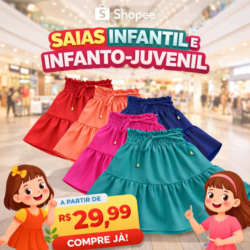 Saias infantil e infanto-juvenil com elástico na cintura, roupas para crianças soltinha e conforto.