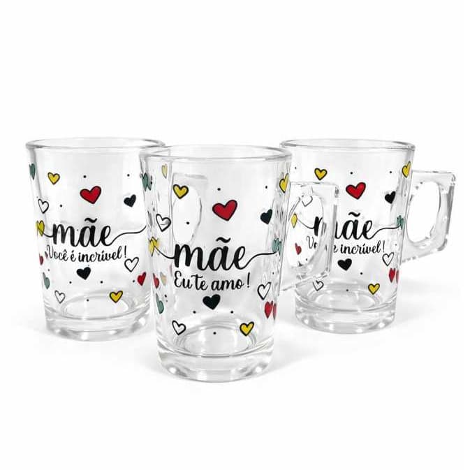 Jogo Xícaras Vidro 170ml, Mães, Ideal Para Cestas, Kits Presentes, Dia Das Mães