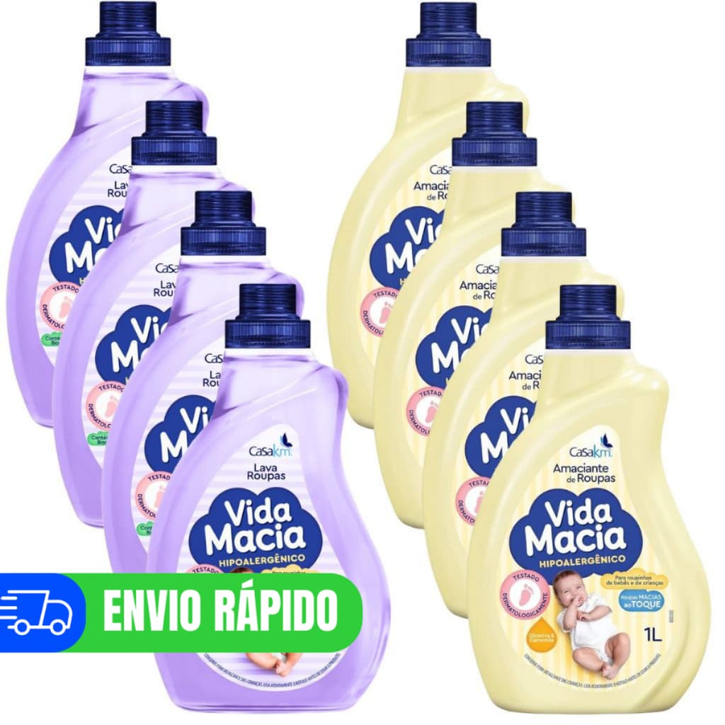 Kit 4 Lava Roupas Líquido e Amaciante Bebê Vida Macia 1Litro