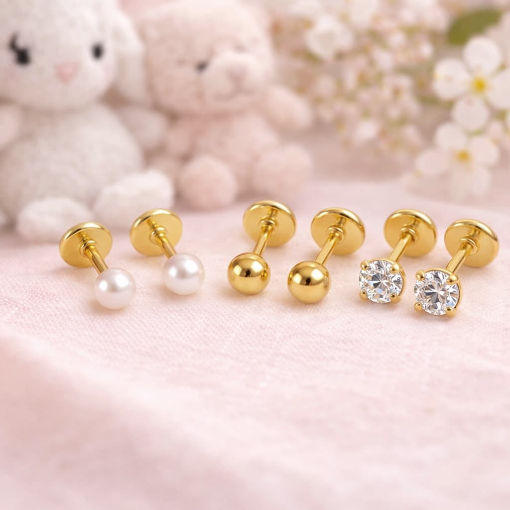 Kit Trio de Brinco Infantil Menina Antialérgico Tarraxa Baby Banhado Ouro 18K