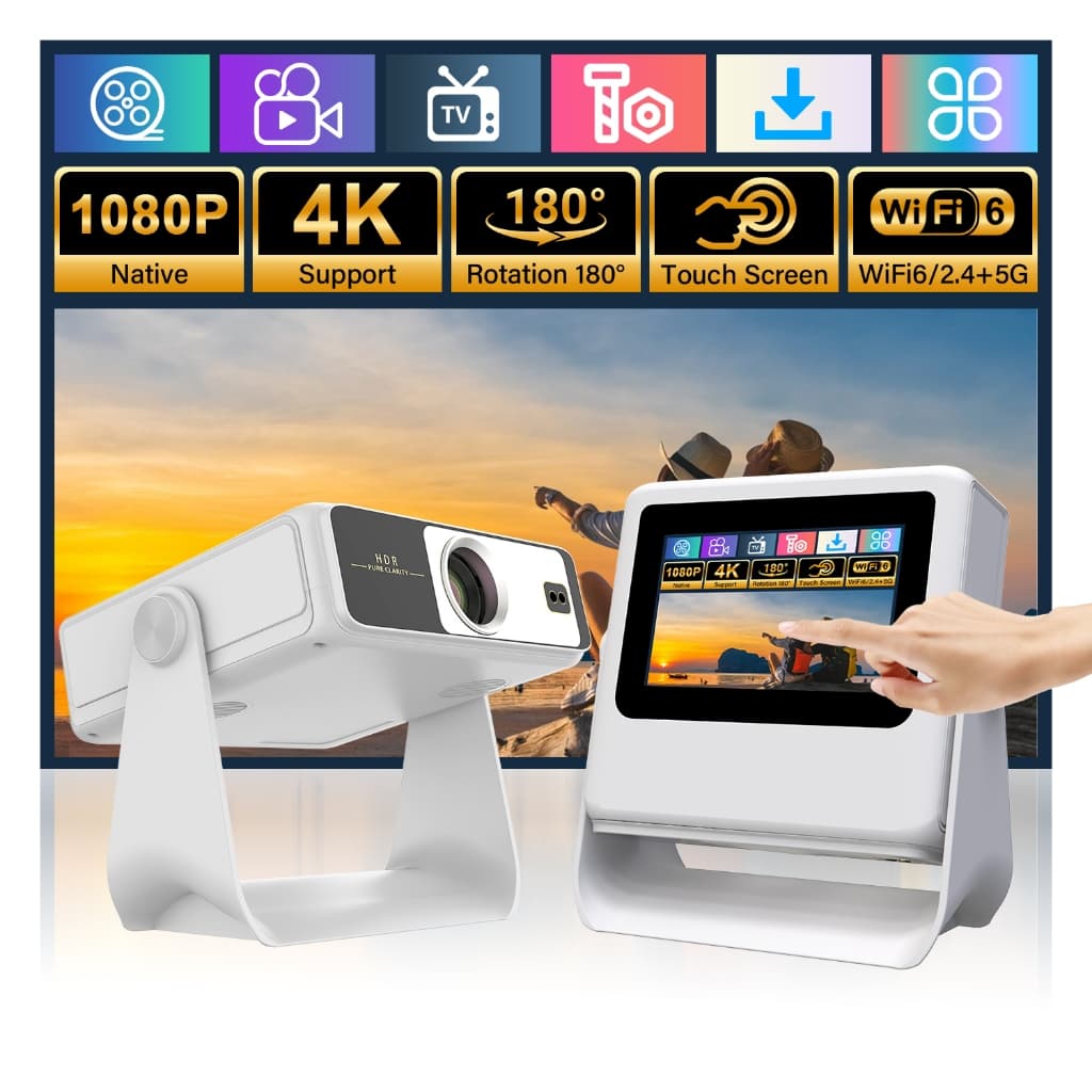 AOC Projetor com Tela Touch Screen 7" 1080P Foco Automático Rotação 360° Espelhamento WiFi Portátil para Casa Escritório