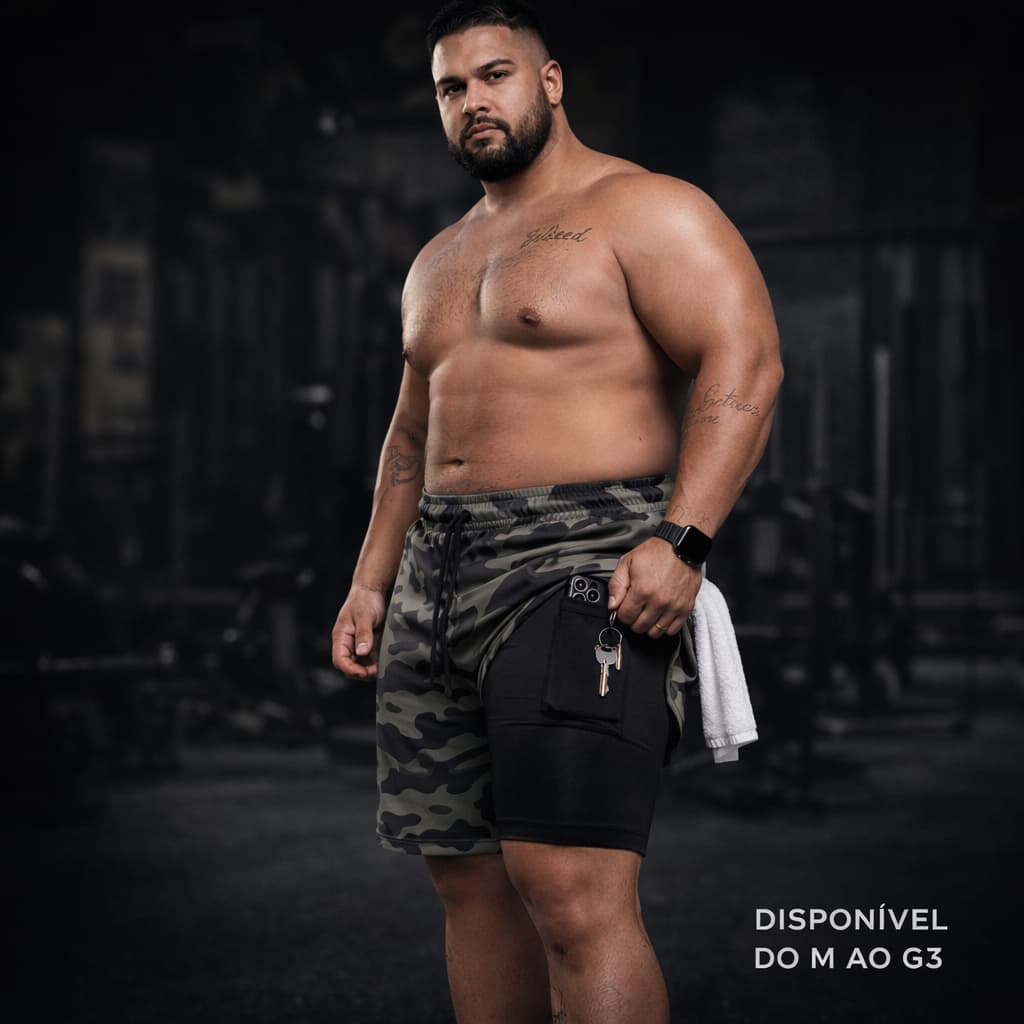 Short Dry Masculino 2 em 1 Duplo Camuflado Plus Size Fitness com Bolso Interno e Compressão