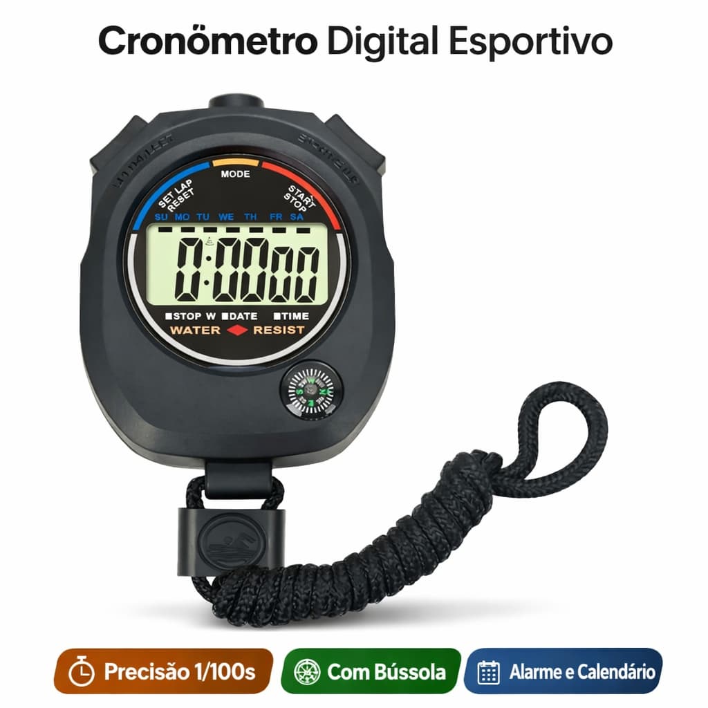 Cronometro Digital Esportivo Funções Relógio Alarme Calendário Bussola Preto Multifuncional
