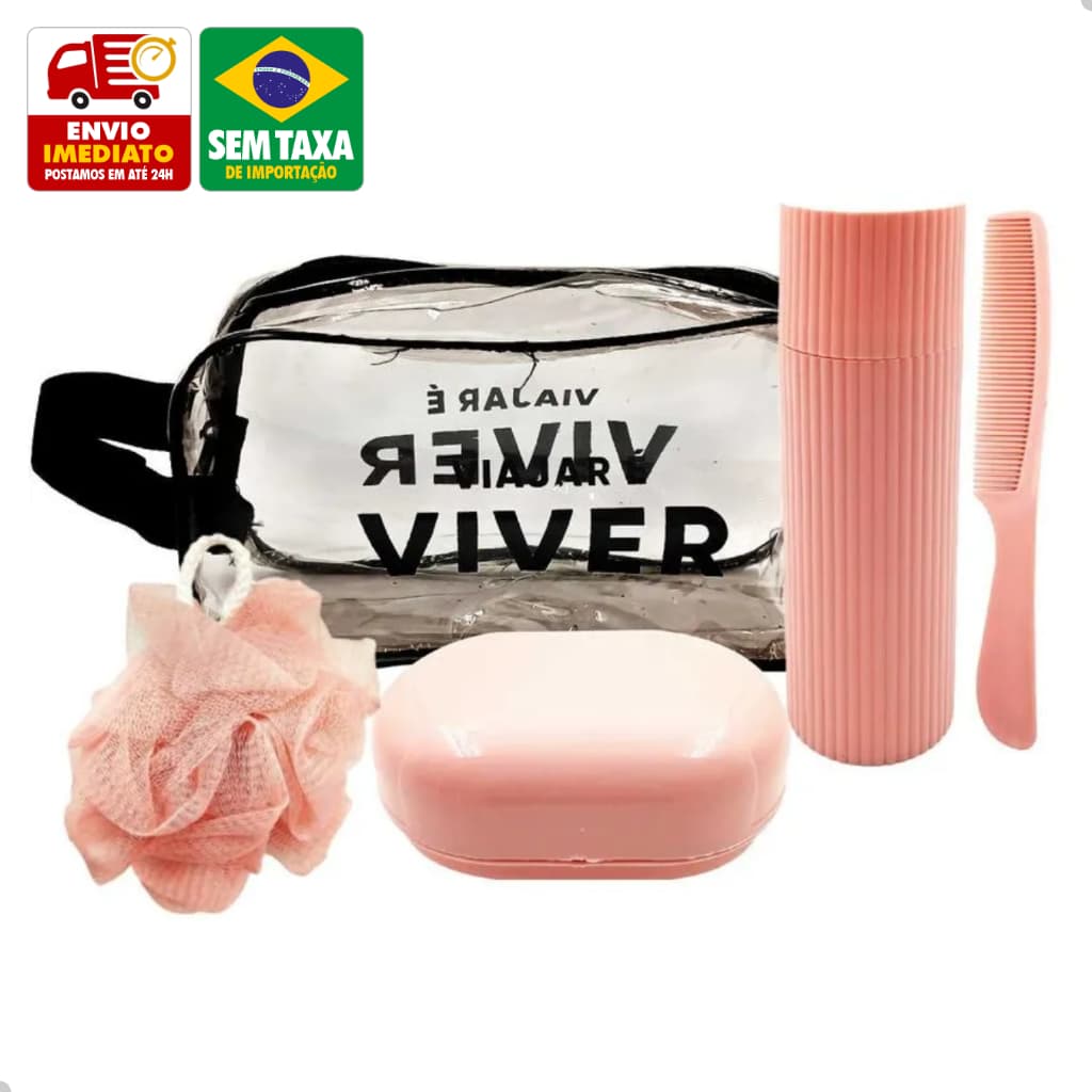 Kit Higiene Academia Escola 5 Peças Nécessaire PVC Porta Escova Saboneteira Pente Esponja