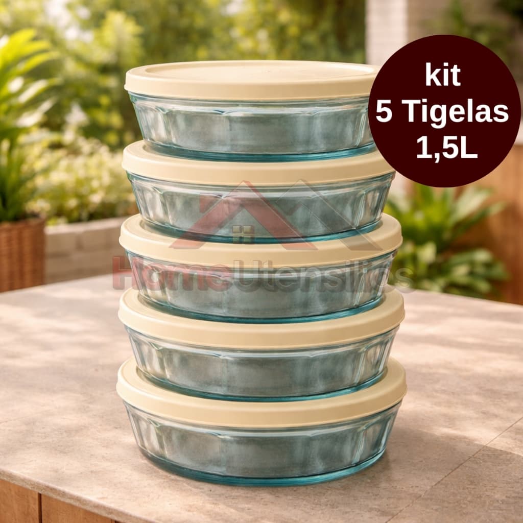 Kit 5 Potes Tigela De Vidro Saladeira Redeonda Com Tampa Plastica 1,5 Litros 20CM