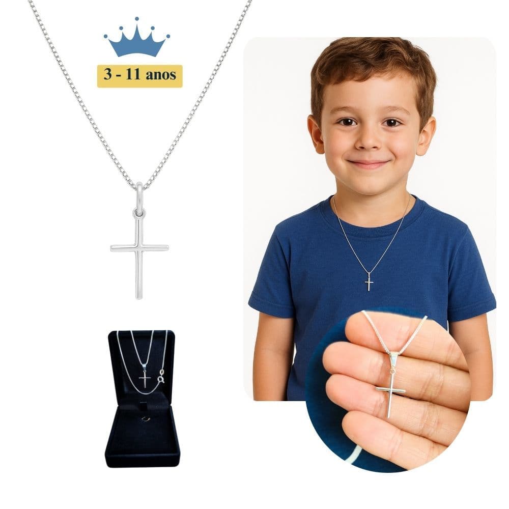 Corrente Infantil Criança Masculino Banhado A Prata 925 + Pingente Cruz Palito
